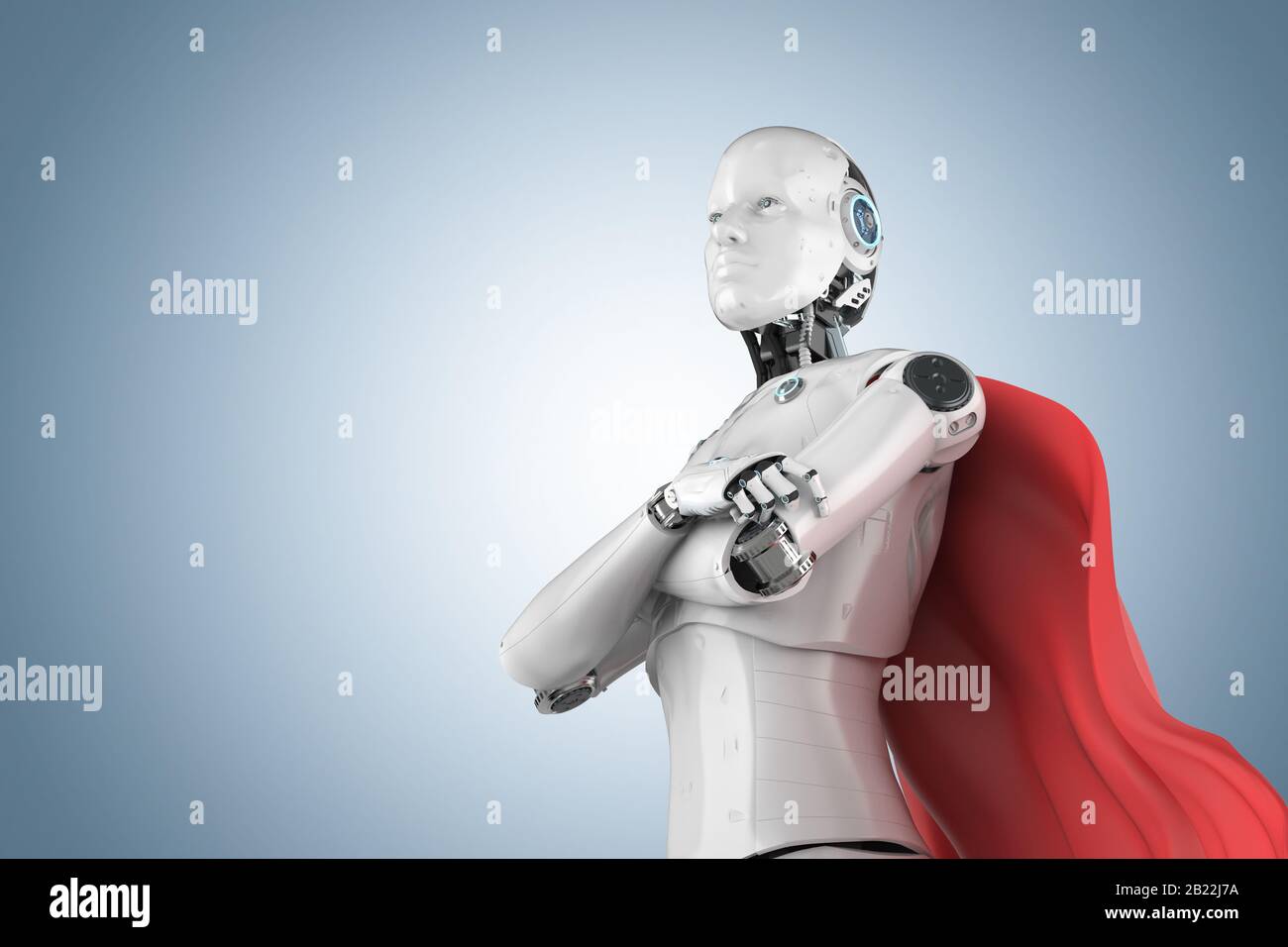 robot da cyborg o eroina per supereroi con mantello rosso che rende 3d Foto Stock