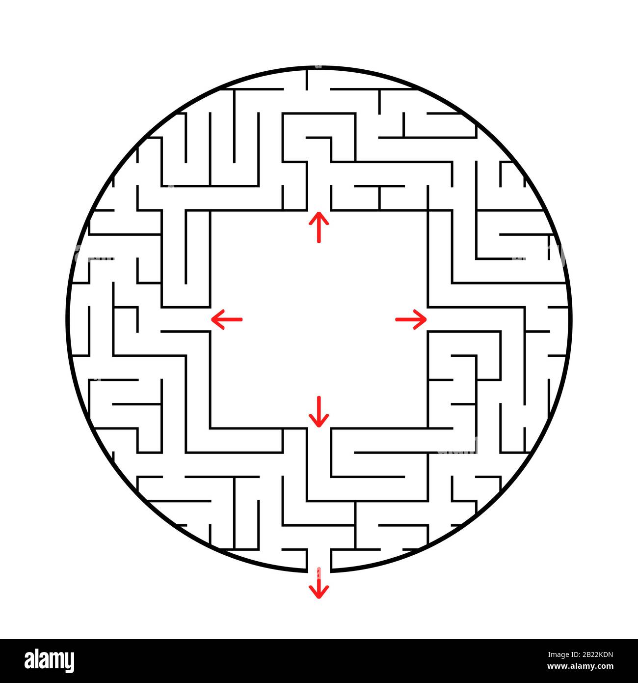 Round labirinto con quattro ingressi ed una sola uscita. Piatto semplice illustrazione vettoriale isolati su sfondo bianco. Con un posto per i vostri disegni Illustrazione Vettoriale