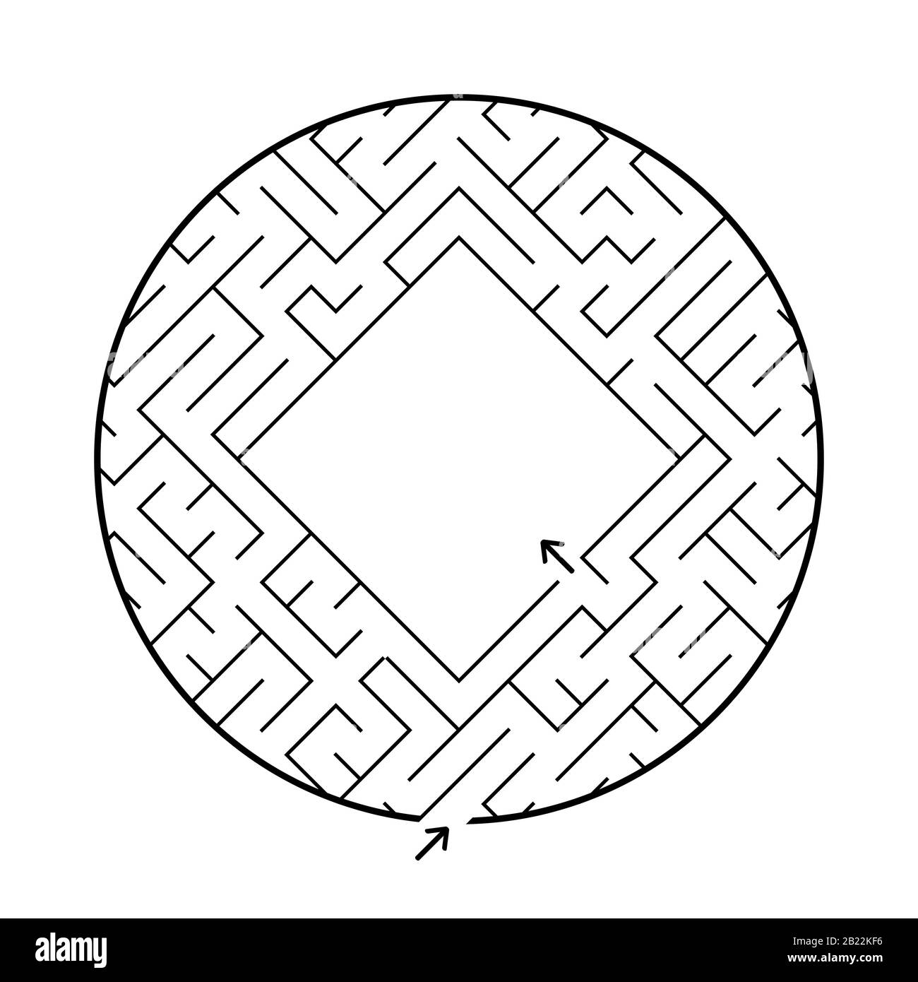 Un labirinto circolare con un ingresso e un'uscita. Semplice immagine vettoriale piatta isolata su sfondo bianco. Con un luogo per la vostra immagine Illustrazione Vettoriale