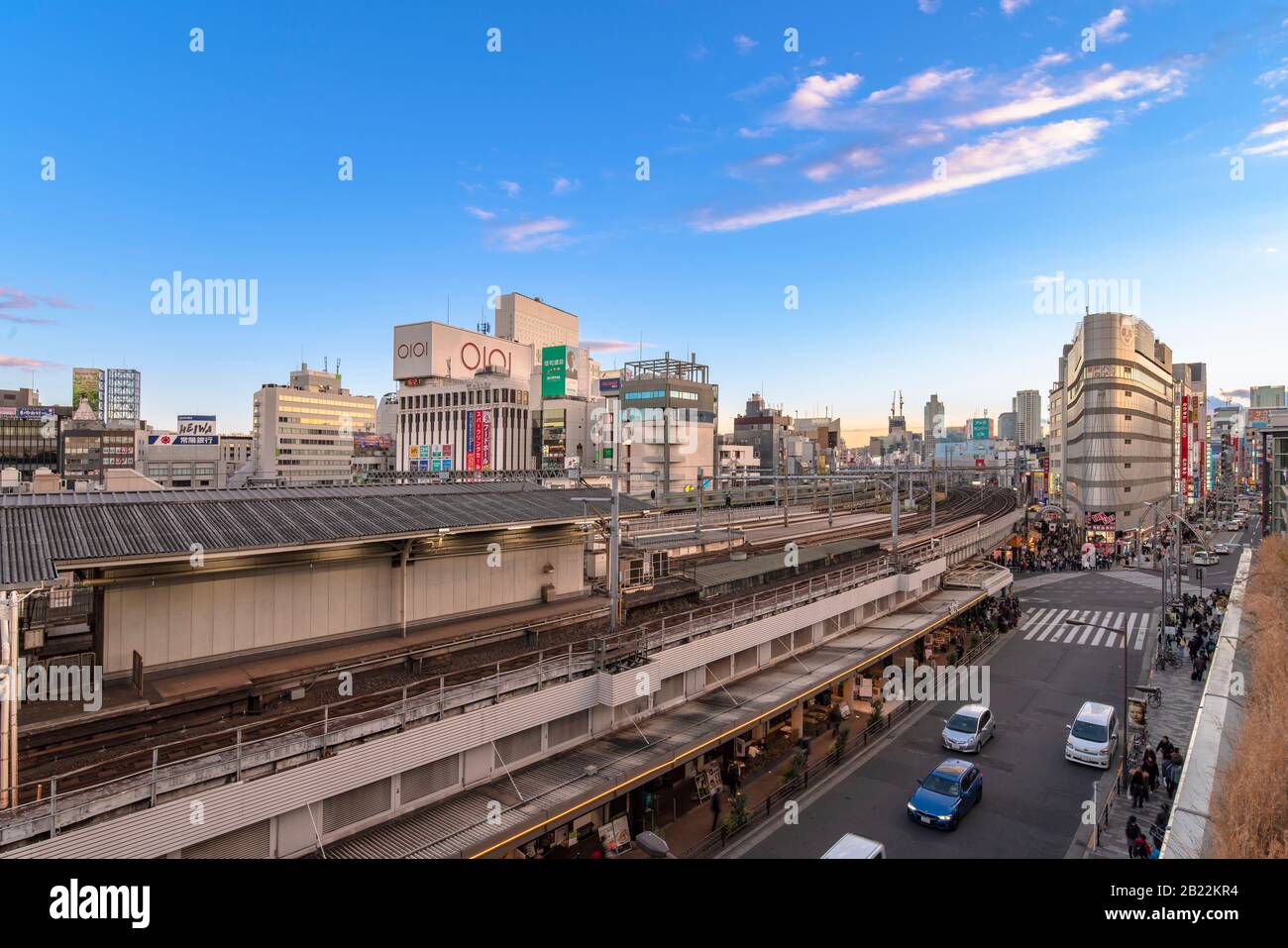 Tokyo, giappone - 02 gennaio 2020: Angolo elevato di Ueno Park Street, dominato dalle linee ferroviarie Yamanote e che conduce alla strada turistica di Ameyo Foto Stock