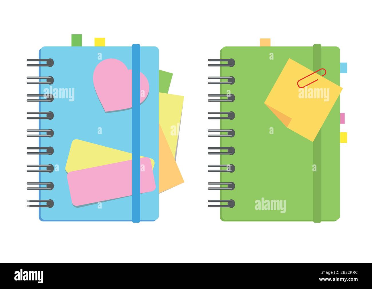 Notebook chiuso, diario personale su una spirale con segnalibri e carta per  note tra le pagine. Una serie di due varianti con coperchi luminosi.  Appartamento colorato Immagine e Vettoriale - Alamy