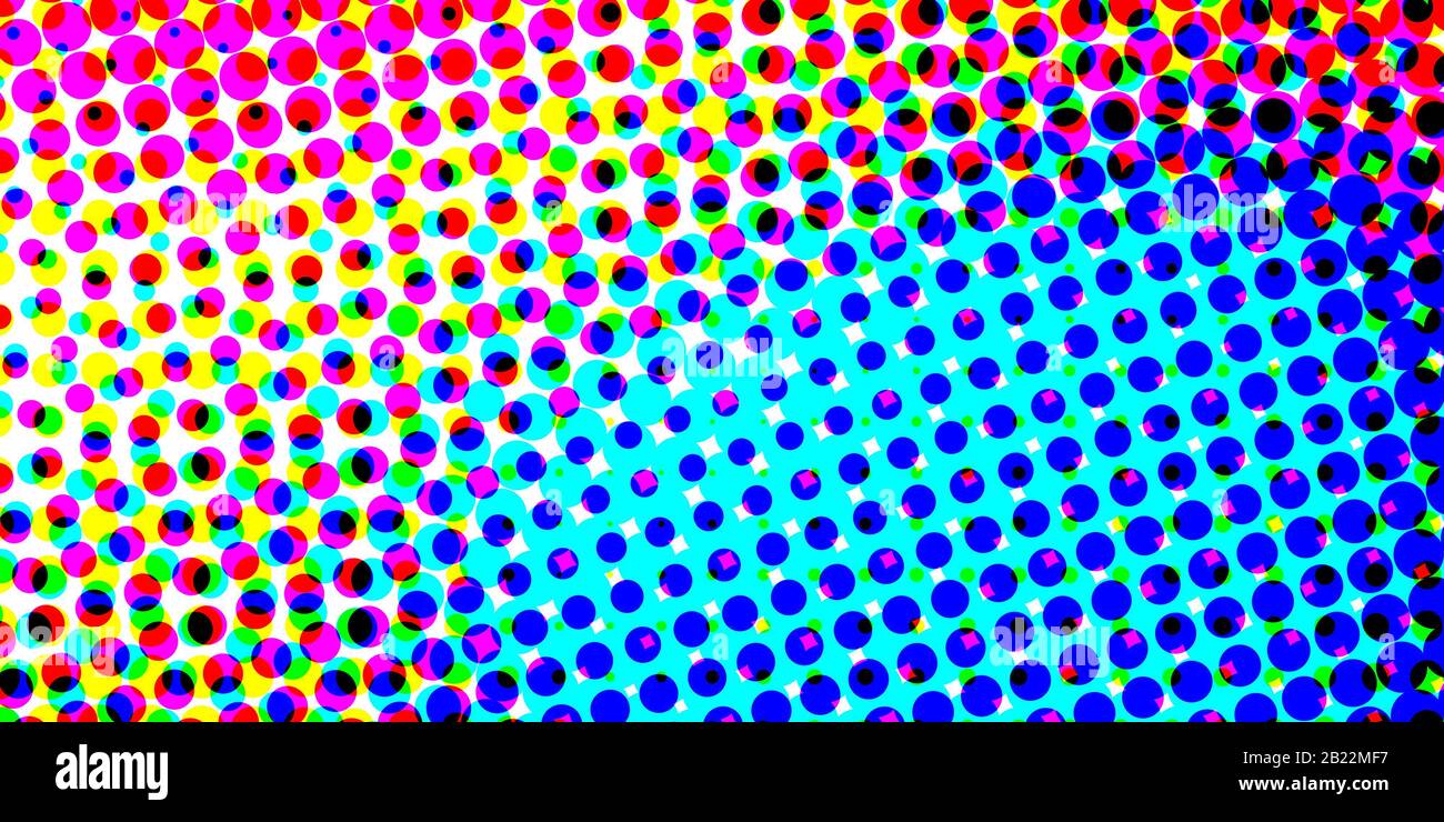 Ciano magenta giallo nero colore halftone astratto sfondo da palle su bianco Foto Stock