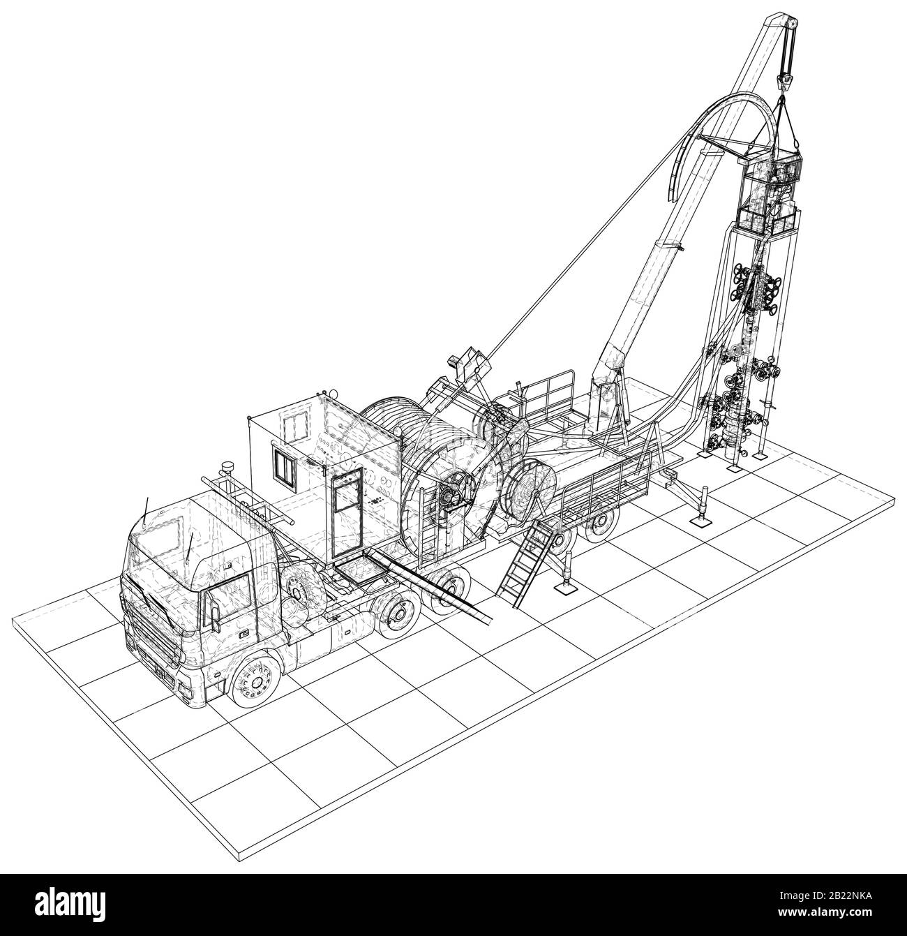 Attrezzatura per tubi a spirale per giacimenti petroliferi. Bobina per tubi a spirale su un rimorchio. I livelli delle linee visibili e invisibili vengono separati. Illustrazione Vettoriale