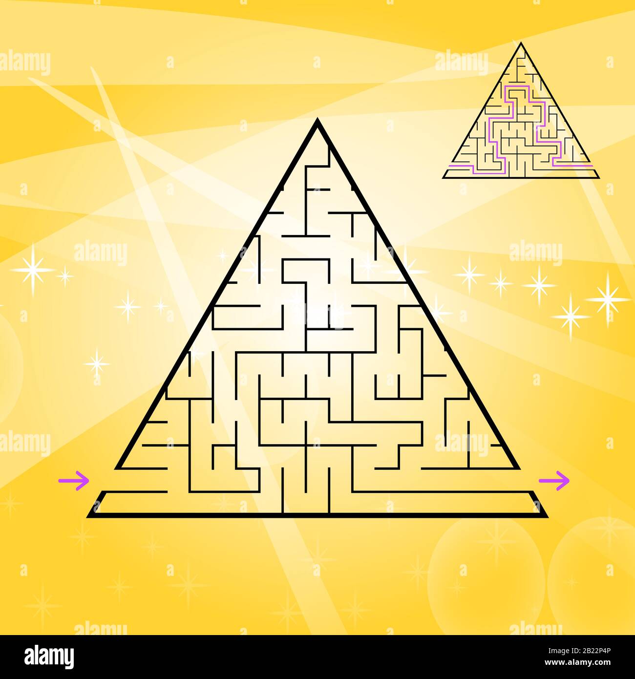 Un labirinto triangolare, una piramide con un colpo nero. Un gioco per bambini. Una semplice illustrazione vettoriale piatta isolata su uno sfondo colorato. Con t Illustrazione Vettoriale