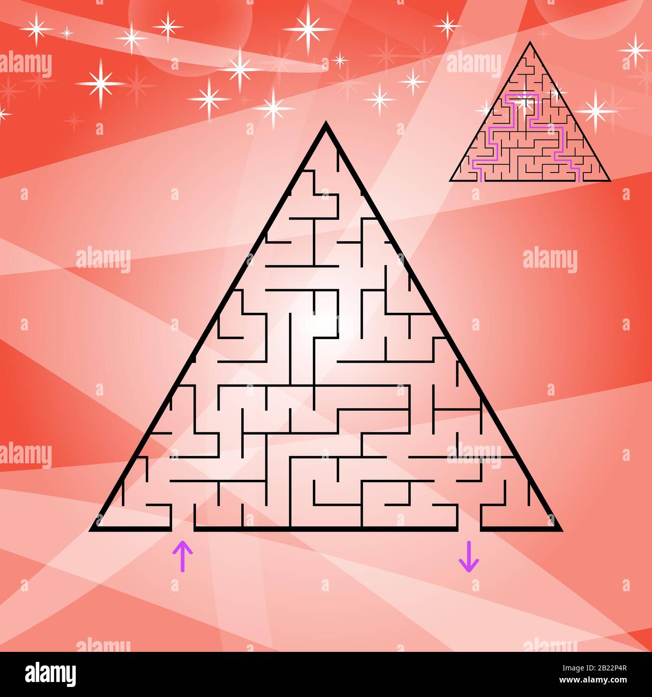 Un labirinto triangolare, una piramide con un colpo nero. Un gioco per bambini. Una semplice illustrazione vettoriale piatta isolata su uno sfondo colorato. Con t Illustrazione Vettoriale