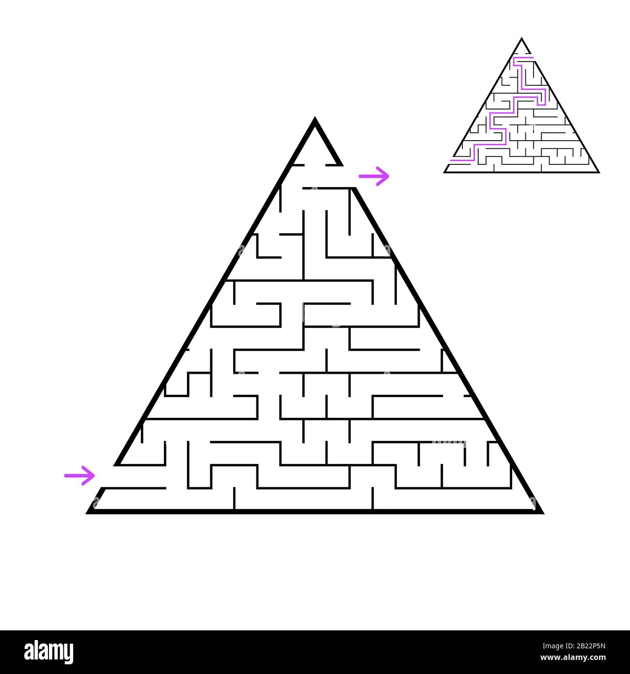 Un labirinto triangolare, una piramide con un colpo nero. Un gioco per bambini. Semplice immagine vettoriale piatta isolata su sfondo bianco. Con gli ans Illustrazione Vettoriale