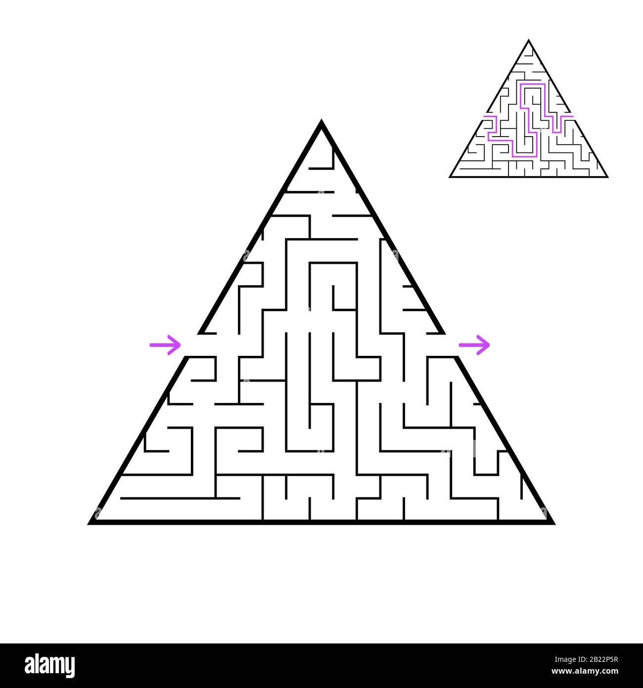 Un labirinto triangolare, una piramide con un colpo nero. Un gioco per bambini. Semplice immagine vettoriale piatta isolata su sfondo bianco. Con gli ans Illustrazione Vettoriale