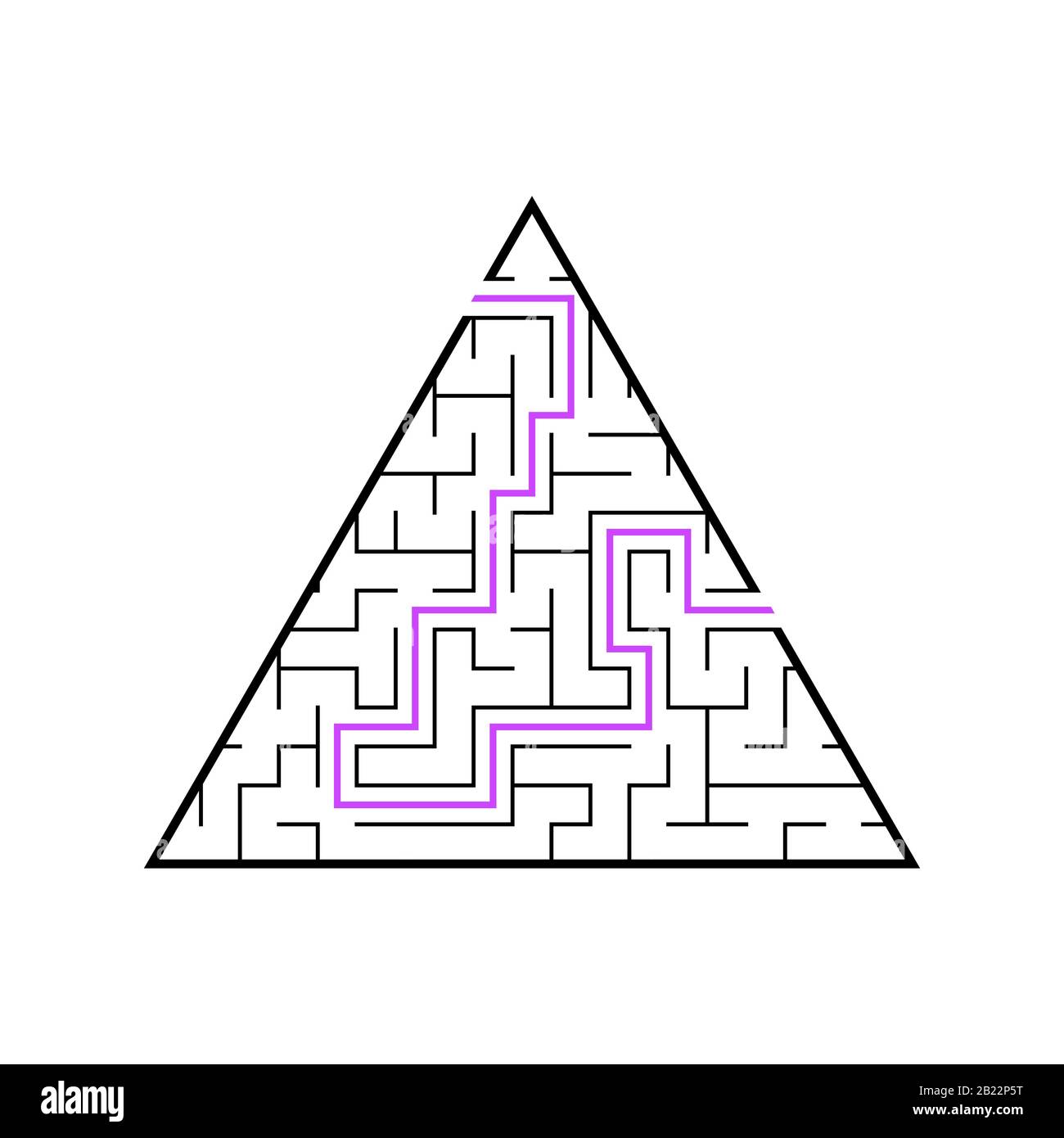Un labirinto triangolare, una piramide con un colpo nero. Un gioco per bambini. Semplice immagine vettoriale piatta isolata su sfondo bianco. Con gli ans Illustrazione Vettoriale