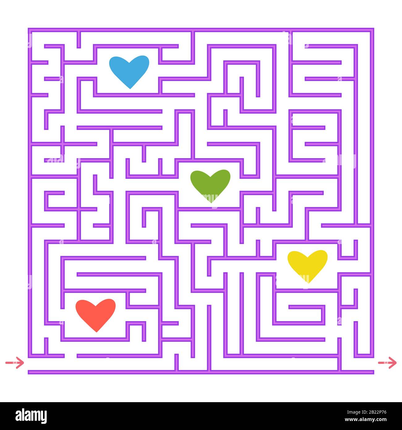 Labirinto quadrato viola. Raccogliere tutti i cuori colorati e trovare una via d'uscita dal labirinto. Un gioco interessante per i bambini. Semplice esempio di vettore piatto Illustrazione Vettoriale