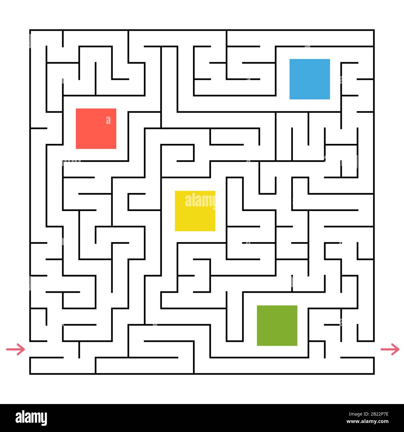 Un labirinto quadrato. Raccogliere tutte le forme geometriche e trovare una via d'uscita dal labirinto. Un gioco interessante per i bambini. Semplice illustrazione del vettore piatto Illustrazione Vettoriale