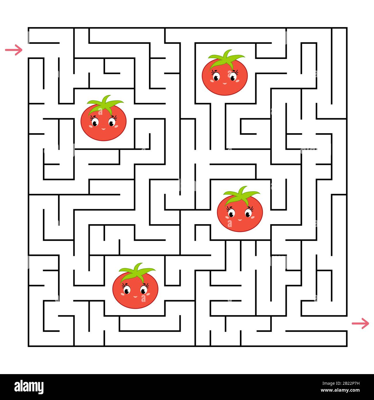 Un labirinto quadrato. Raccogliere tutti i pomodori e trovare una via d'uscita dal labirinto. Un gioco interessante per i bambini. Semplice illustrazione del vettore piatto Illustrazione Vettoriale