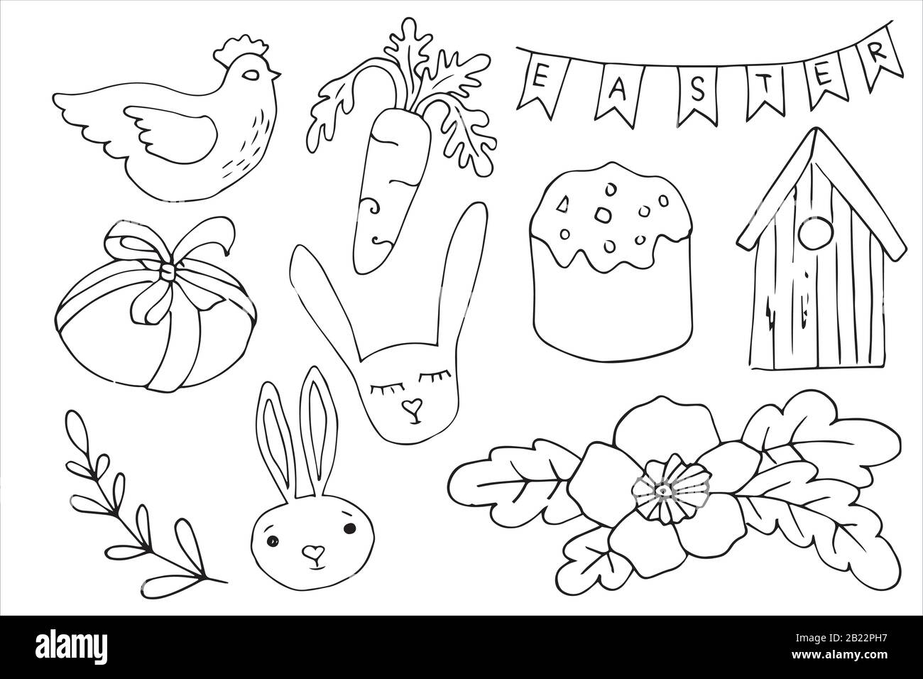 Collezione di simboli tradizionali di Pasqua. Set di disegni vettoriali isolati su sfondo bianco. Illustrazione Vettoriale