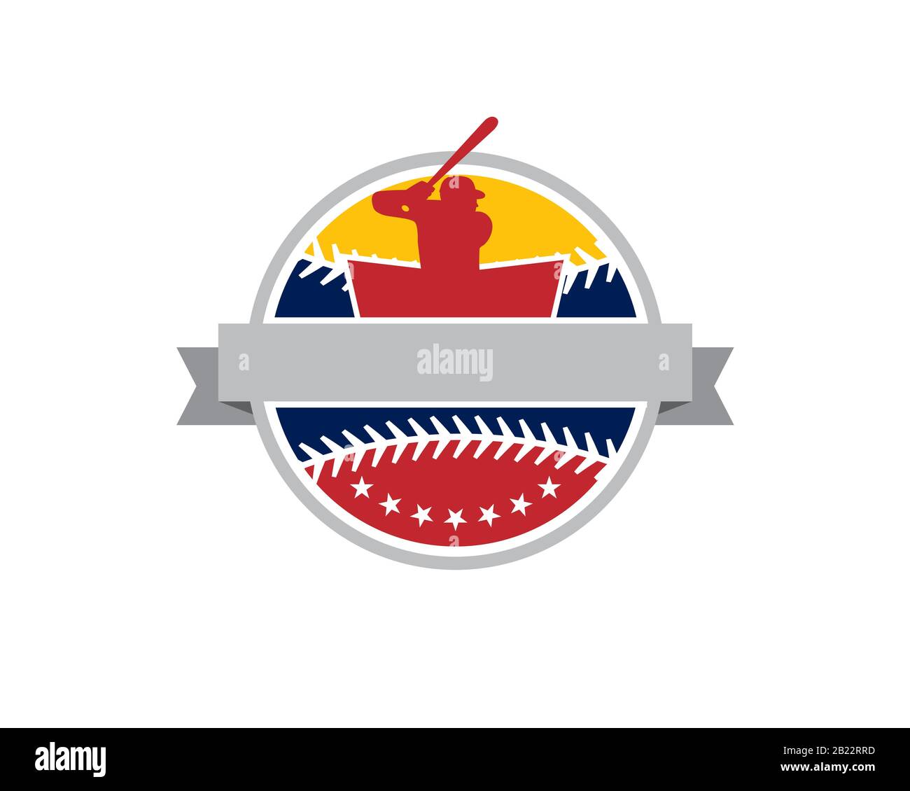 stemma del logo del braccio di basket con l'atleta maschile tenere il pipistrello pronto per colpire la palla all'interno forma rotonda di palla con nastro Illustrazione Vettoriale