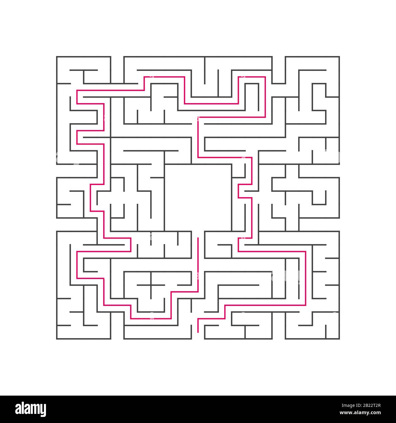 Labirinto complesso astratto. Tratto nero su sfondo bianco. Un interessante gioco di puzzle per i bambini. Illustrazione del vettore. Con la giusta direzione Illustrazione Vettoriale