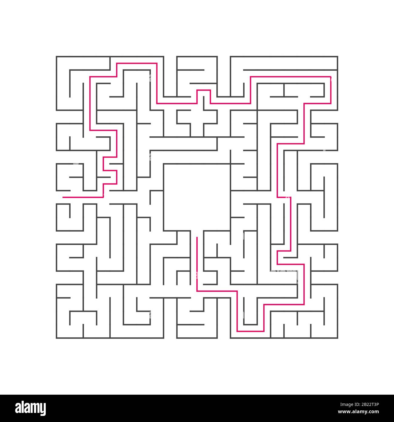 Labirinto complesso astratto. Tratto nero su sfondo bianco. Un interessante gioco di puzzle per i bambini. Illustrazione del vettore. Con la giusta direzione Illustrazione Vettoriale