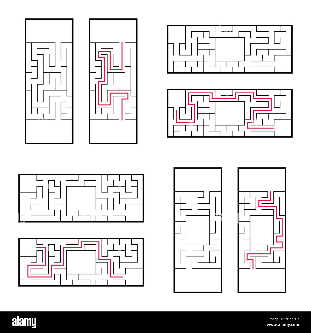 Un set di labirinti rettangolari per bambini. Un gioco di puzzle. Semplice immagine vettoriale piatta isolata su sfondo bianco. Con la risposta corretta Illustrazione Vettoriale