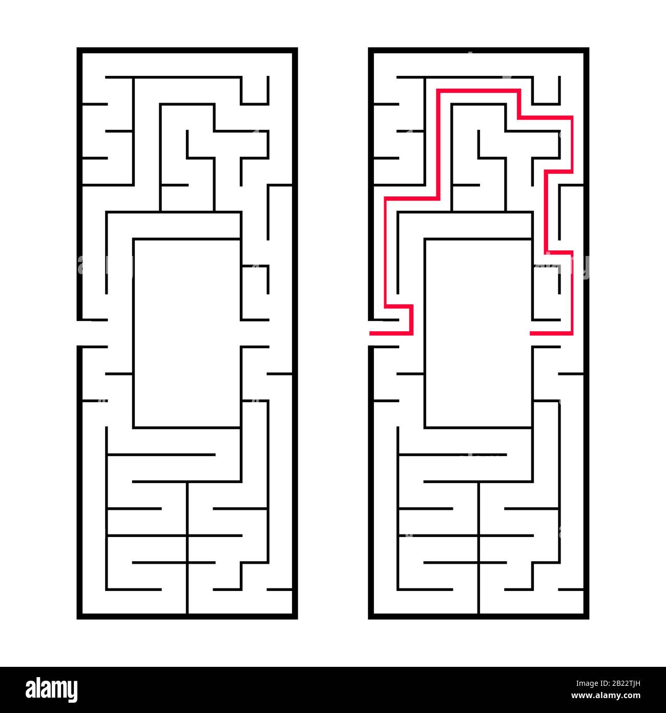Labirinto rettangolare, labirinto. Un gioco interessante e utile per i preschoolers. Un semplice gioco di puzzle. Semplice illustrazione vettoriale piatta isolata su bianco b. Illustrazione Vettoriale