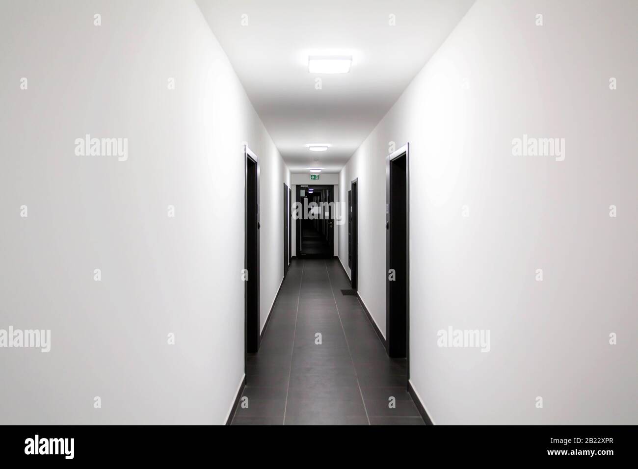 Semplice pulito di recente costruzione generico nuovo immobiliare blocco di appartamenti interni, lungo corridoio bianco con porte nere, prospettiva. Nuovo appartamento acquistato Foto Stock