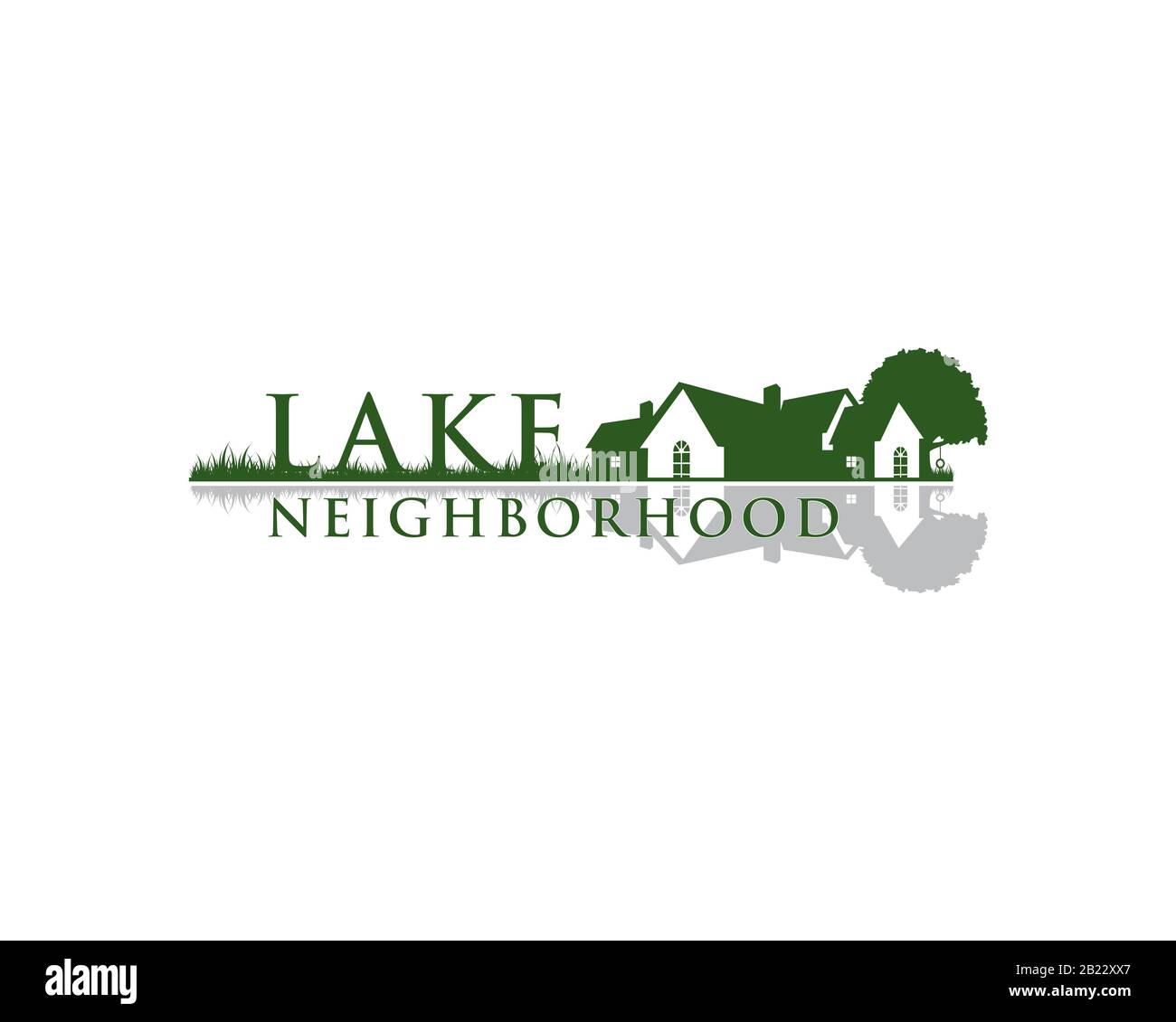 Logo del marchio denominativo Lake Neighborhood con la silhouette di una vecchia casa vicino a un lago Illustrazione Vettoriale