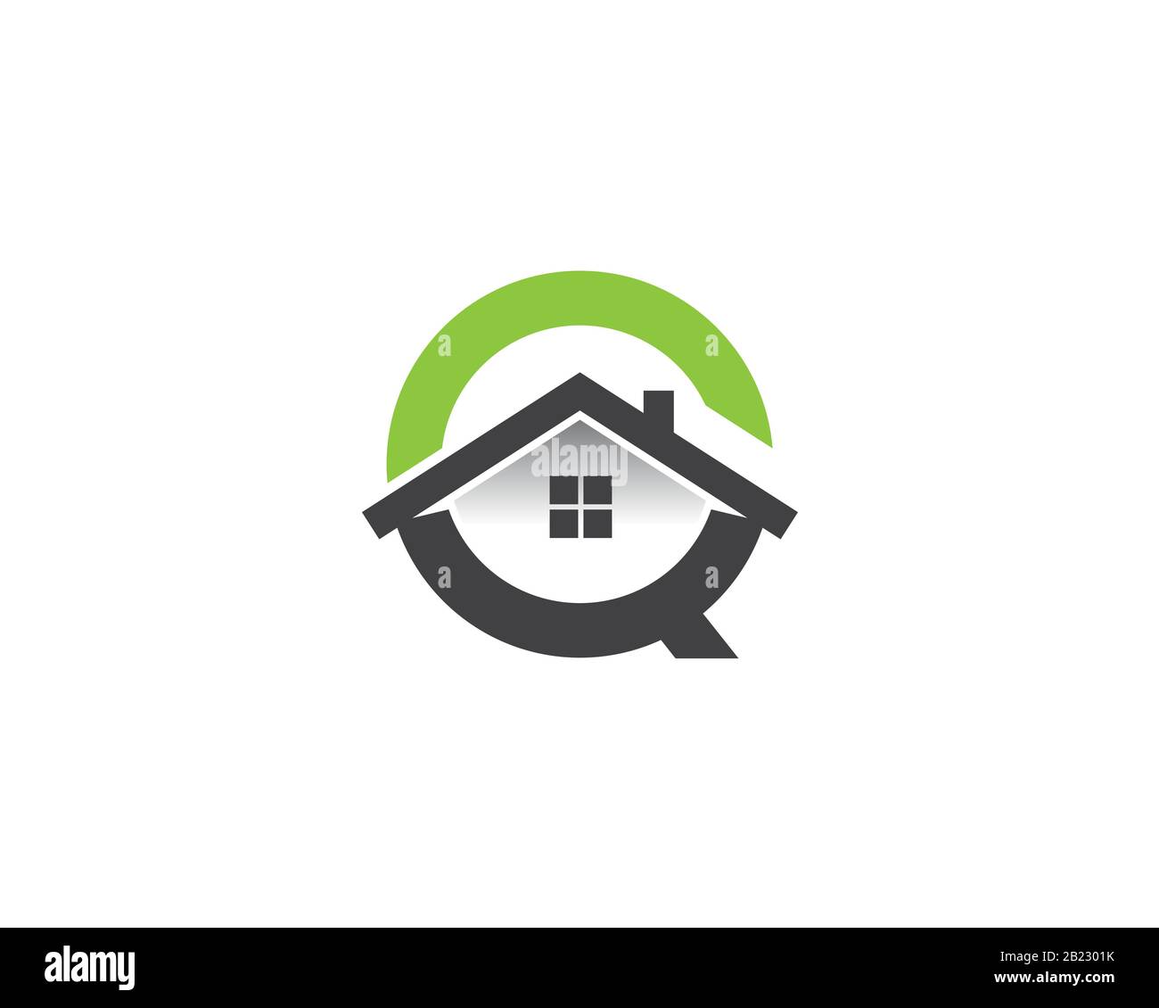 Monogramma anagramma logo lettermark della lettera C o Q con finestra del tetto e casa all'interno Illustrazione Vettoriale