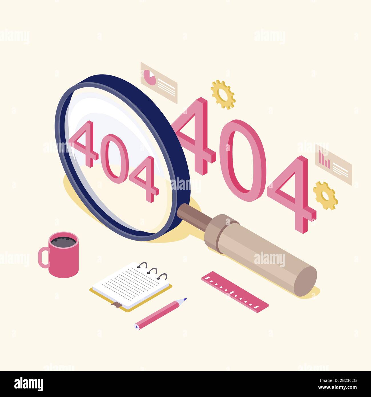 Illustrazione isometrica di identificazione dei collegamenti rotti. messaggio 404 nella lente di ingrandimento. Server non trovato problema di analisi. Pagina web non disponibile, web Illustrazione Vettoriale