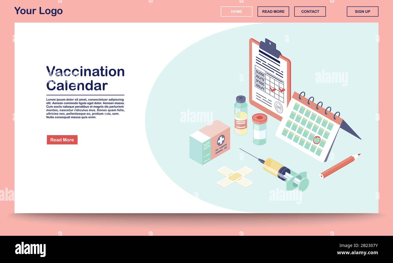 Template vettoriale della pagina web del calendario delle vaccinazioni con illustrazione isometrica. Influenza, prevenzione delle malattie dell'epatite. Servizi di immunizzazione. Interfaccia del sito Web Illustrazione Vettoriale