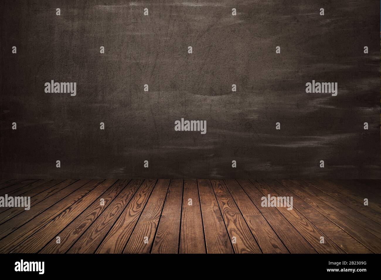 pareti di colore grigio chiaro e scuro e pavimento in legno marrone per uno sfondo testurizzato Foto Stock