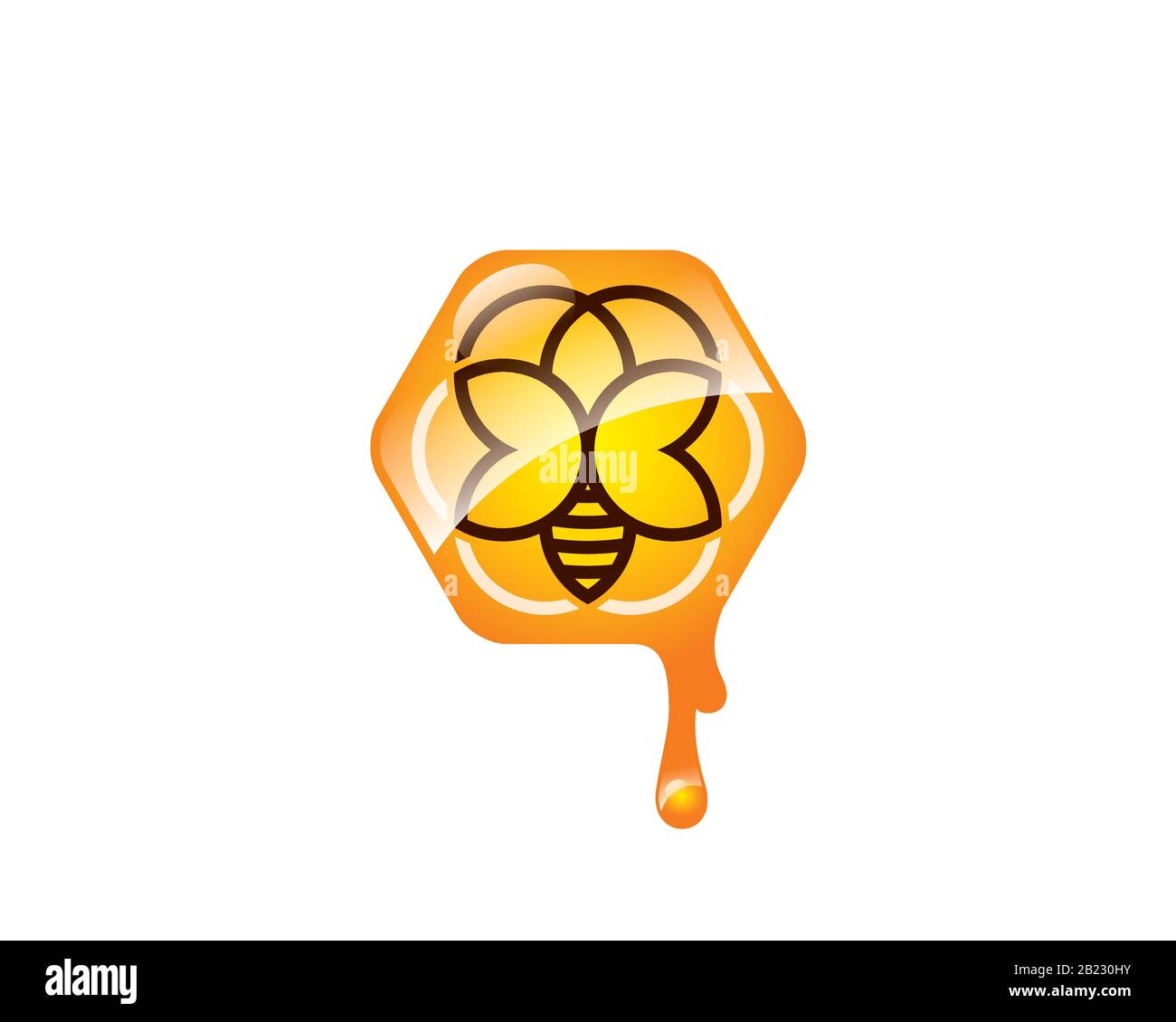 logo dell'ape dalle linee guida rotonde che formano un fiore esagonale all'interno gocce di miele di alveare lucido Illustrazione Vettoriale
