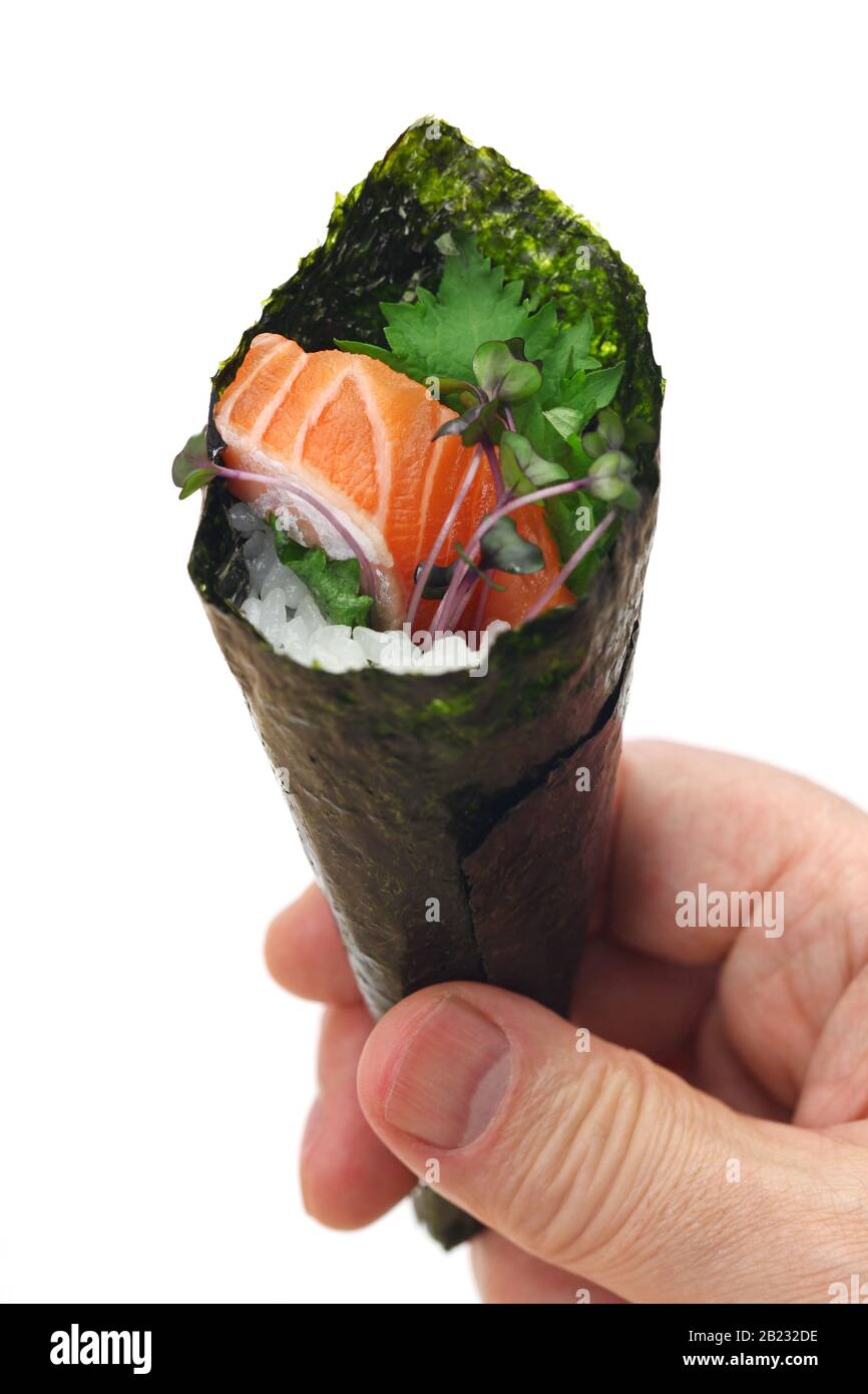 Si tratta di sushi al salmone a rotolo Foto Stock