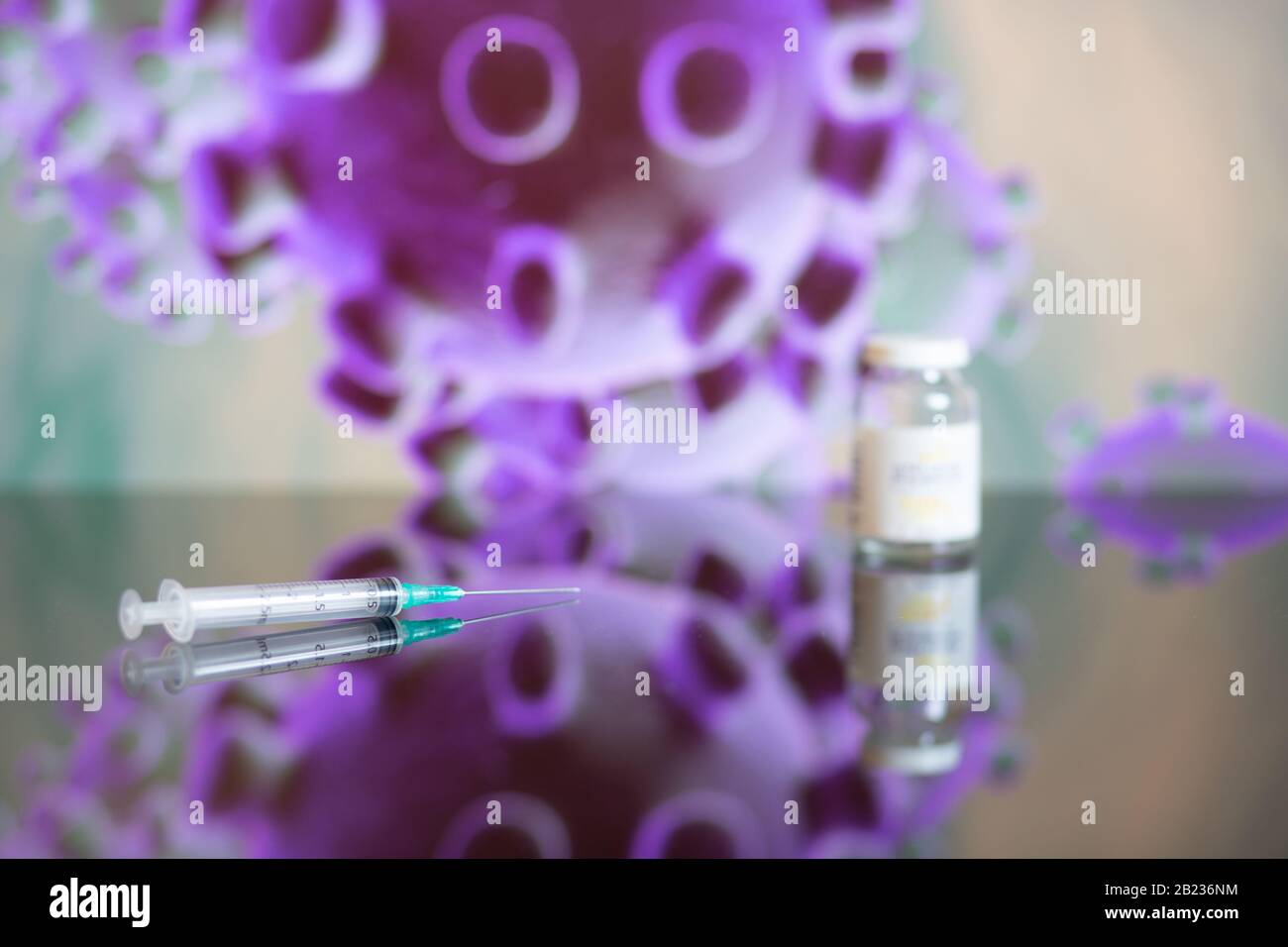 Iniezione di vaccino e siringa. Viene utilizzato per la prevenzione, l'immunizzazione e il trattamento da infezione da virus corona (nuova malattia di coronavirus 2019, COVID-19, W. Foto Stock