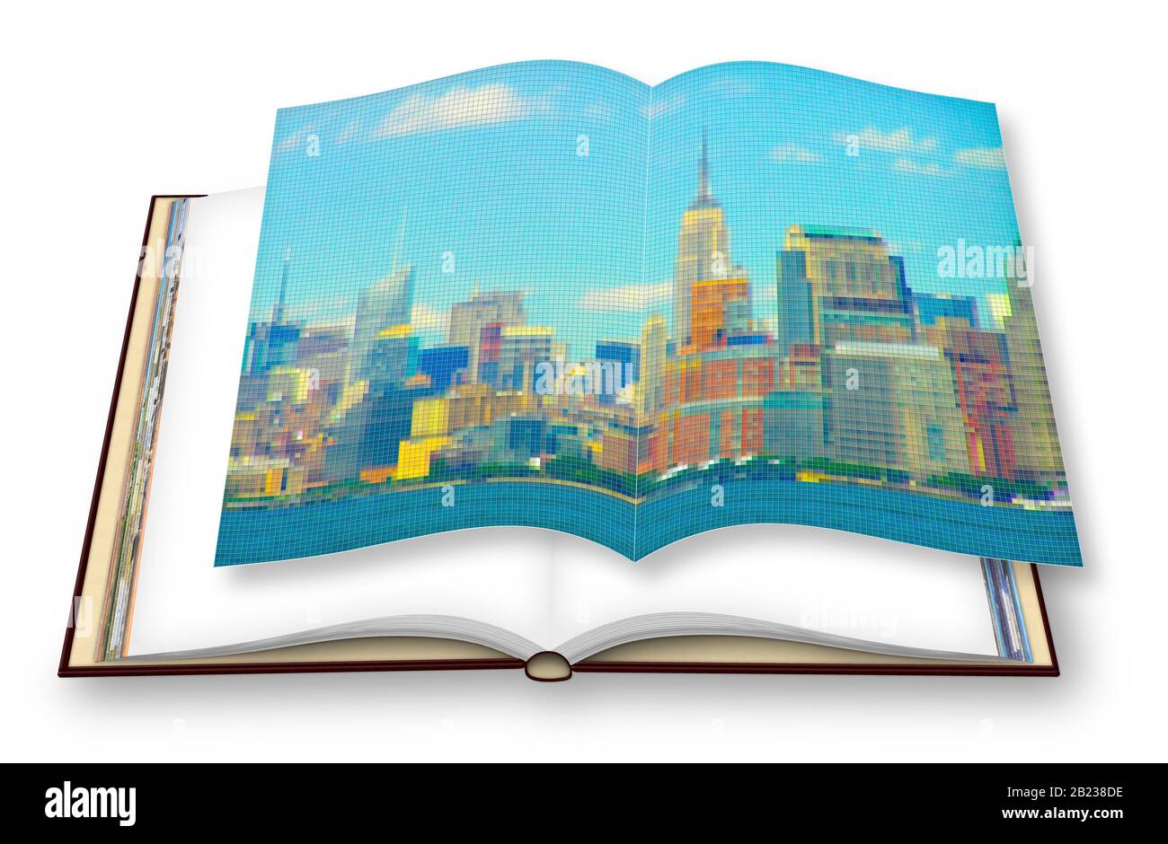 Manhattan Waterfront - New York City (USA) - 3D render concept image of an opened photo book with pixelation effect - i'm the copyright owner of the i Foto Stock