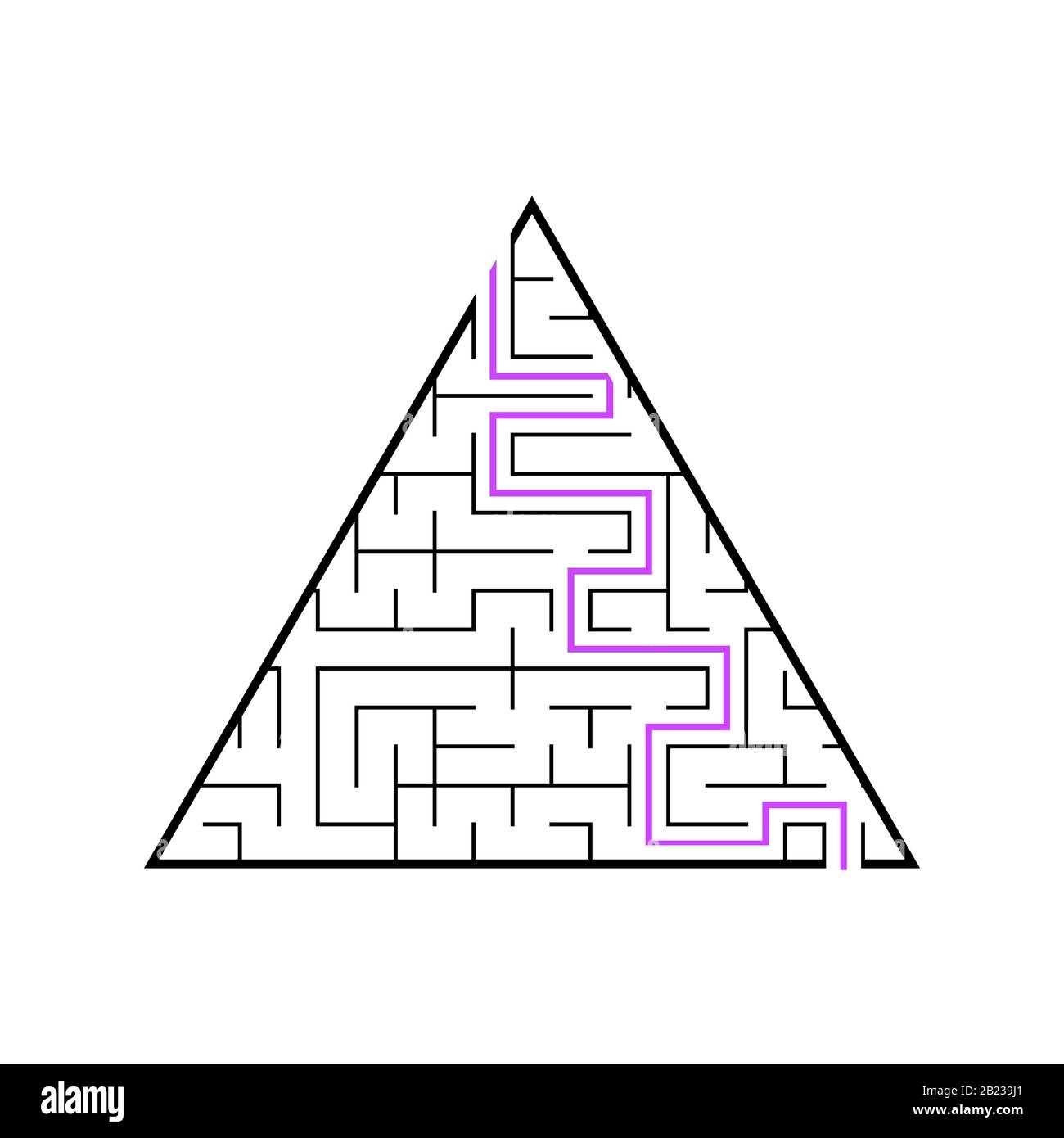 Un labirinto triangolare, una piramide con un colpo nero. Un gioco per bambini. Semplice immagine vettoriale piatta isolata su sfondo bianco. Con gli ans Illustrazione Vettoriale