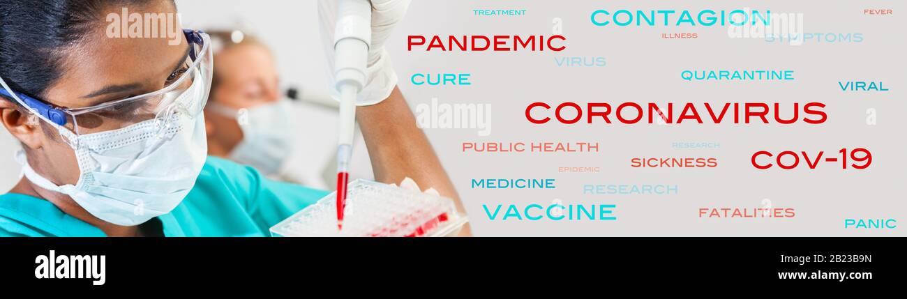 Banner web panoramico femmina Asian Medical Scientific ricercatore scienziato o donna medico indossando maschera facciale utilizzando una pipetta campione di sangue in un medico Foto Stock