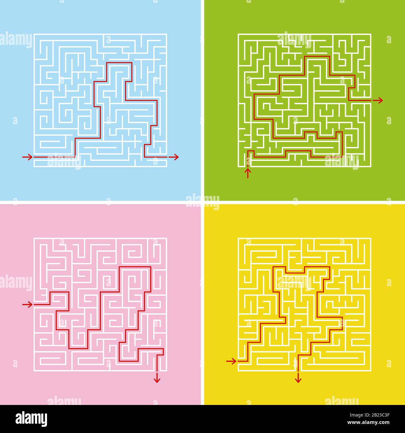 Una serie di labirinti quadrati. Un gioco per bambini e adulti. Semplice illustrazione del vettore piatto. Con la risposta Illustrazione Vettoriale