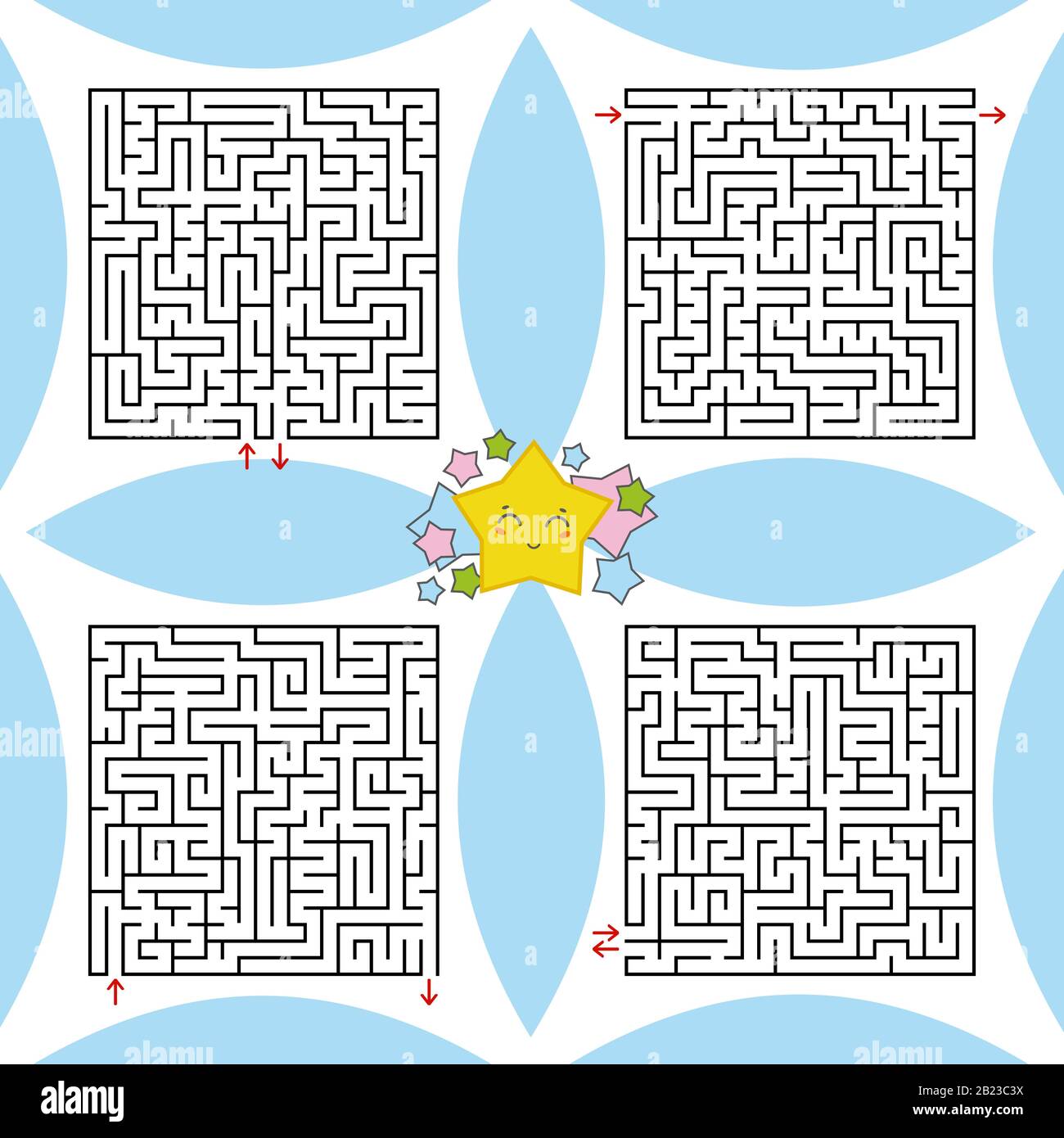 Una serie di labirinti quadrati. Un gioco per bambini e adulti. Semplice illustrazione del vettore piatto Illustrazione Vettoriale
