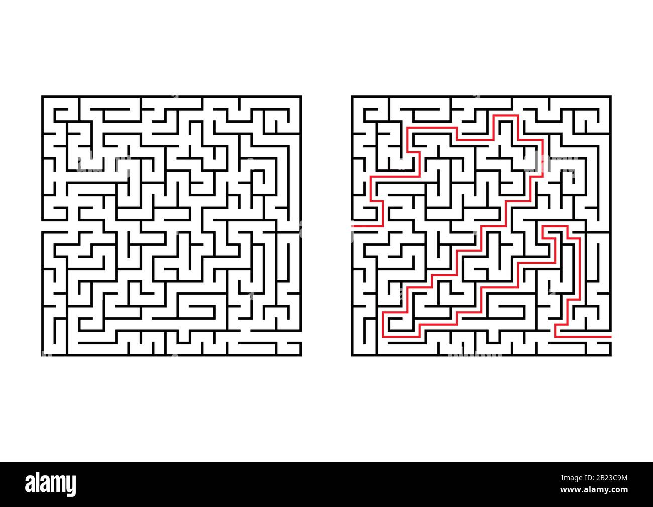 Labirinto quadrato astratto. Semplice immagine vettoriale piatta isolata su sfondo bianco. Con la risposta Illustrazione Vettoriale