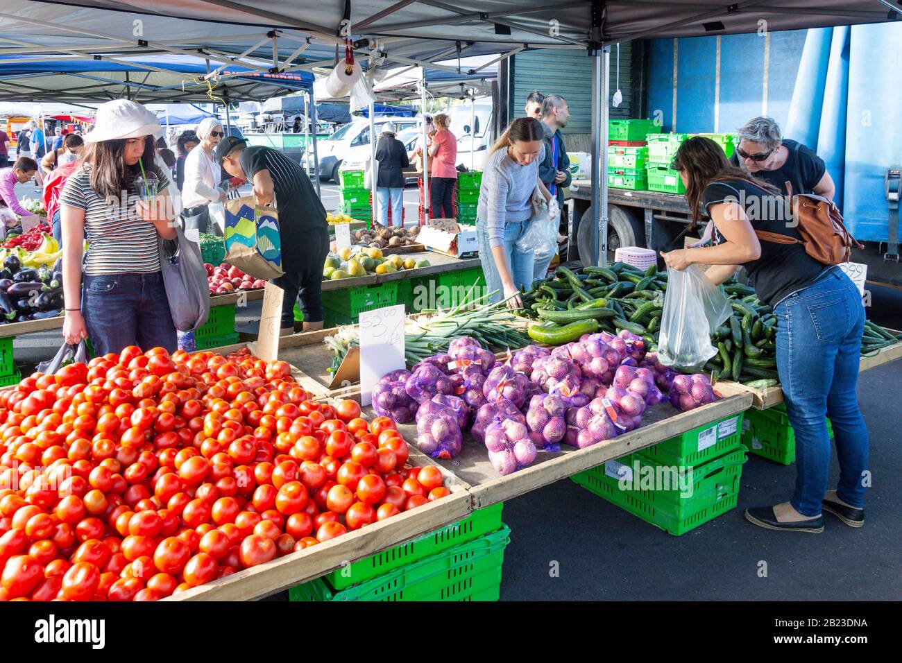 Stalla Di Frutta E Verdura Al Mercato Domenicale Di Takapuna, Anzac Street, Takapuna, North Shore, Auckland, Auckland Region, Nuova Zelanda Foto Stock