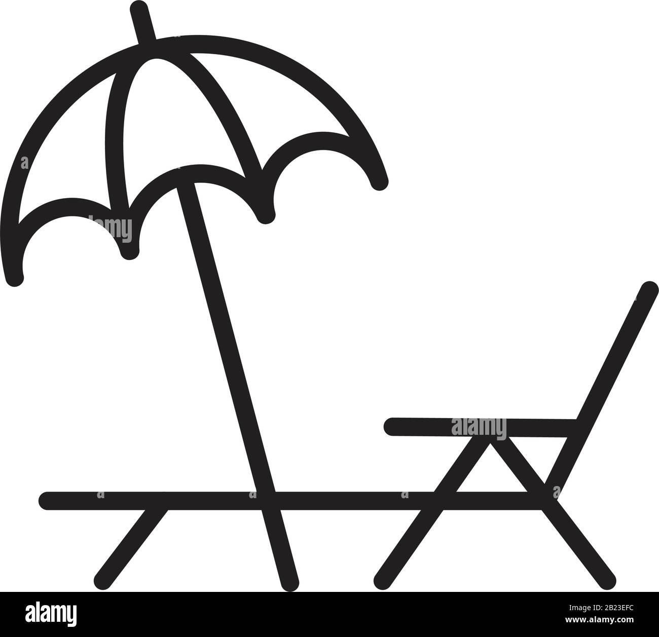 Una sedia a sdraio con un modello di icona vettoriale ombrello colore nero modificabile. Sedia a sdraio con icona a forma di vettore ombrello immagine vettoriale piatta per g Illustrazione Vettoriale
