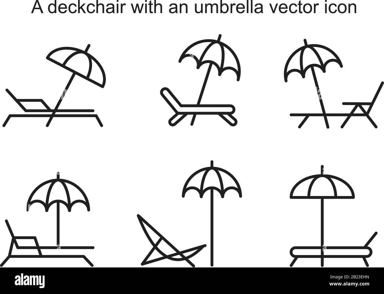 Una sedia a sdraio con un modello di icona vettoriale ombrello colore nero modificabile. Sedia a sdraio con icona a forma di vettore ombrello immagine vettoriale piatta per g Illustrazione Vettoriale