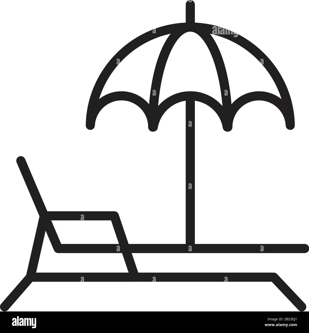Una sedia a sdraio con un modello di icona vettoriale ombrello colore nero modificabile. Sedia a sdraio con icona a forma di vettore ombrello immagine vettoriale piatta per g Illustrazione Vettoriale