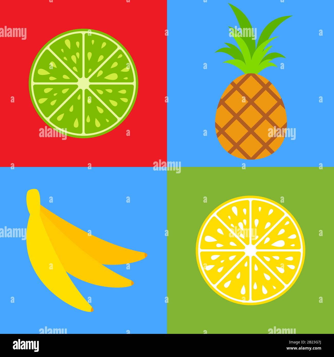 Set di frutta colorata e isolata per l'acquolina in bocca. Luminoso cibo tropicale. Limone, lime, ananas, kiwi, banana. Semplice illustrazione del vettore piatto Illustrazione Vettoriale
