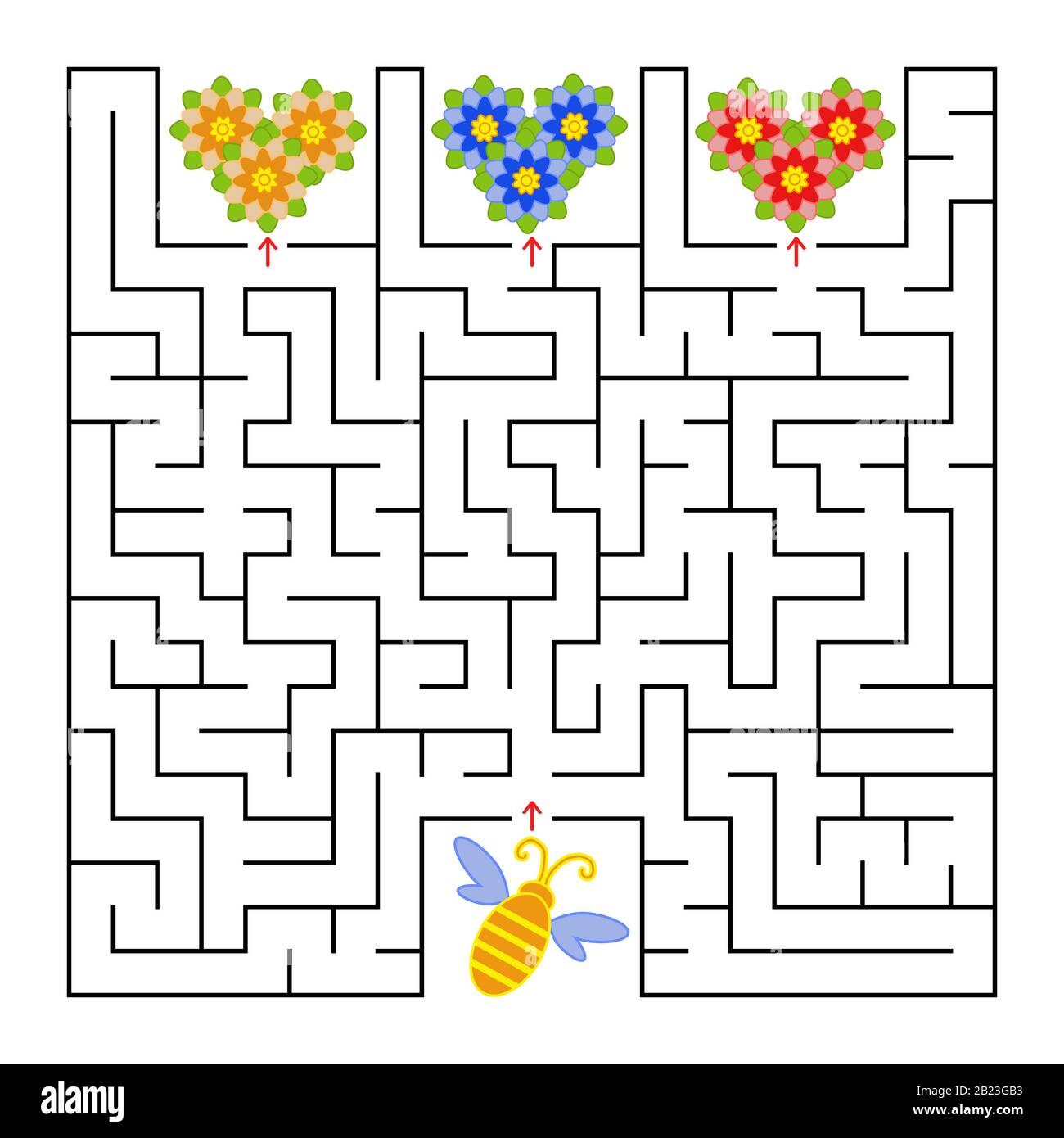 Un labirinto quadrato. Aiutare l'ape raccogliere miele da tutti i fiori. Semplice illustrazione vettoriale piatta isolata Illustrazione Vettoriale