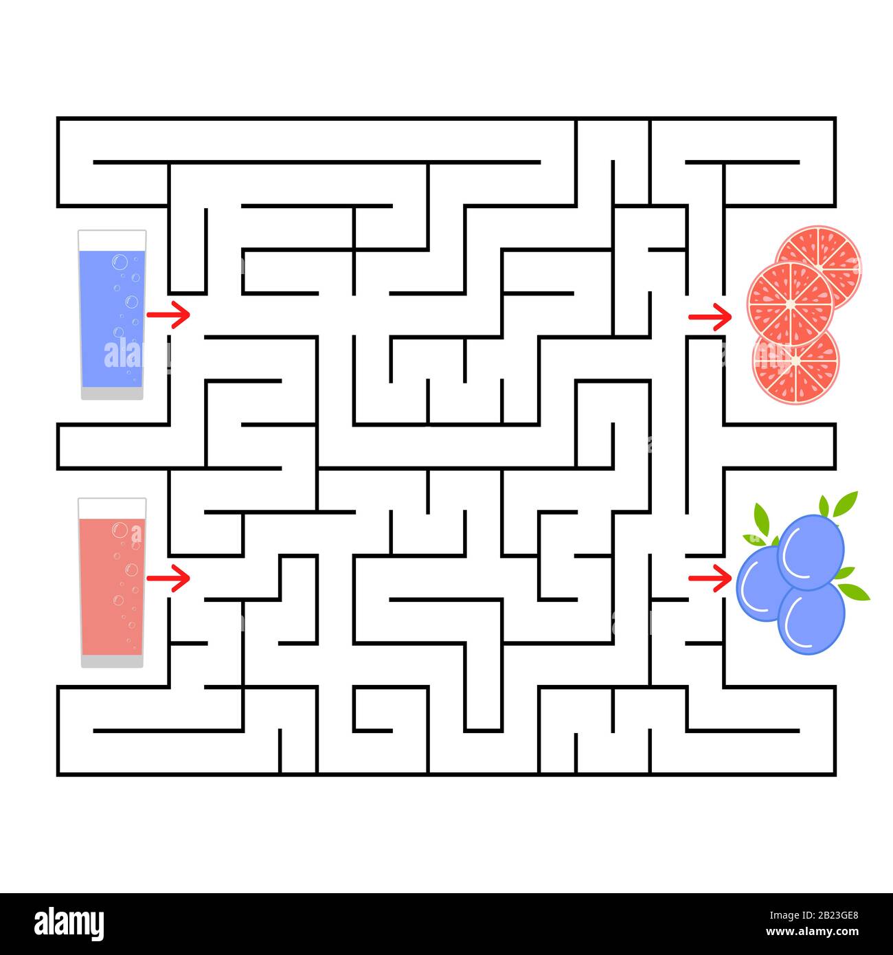Un labirinto quadrato. Trova la strada dal succo alla frutta. Semplice illustrazione vettoriale piatta isolata Illustrazione Vettoriale