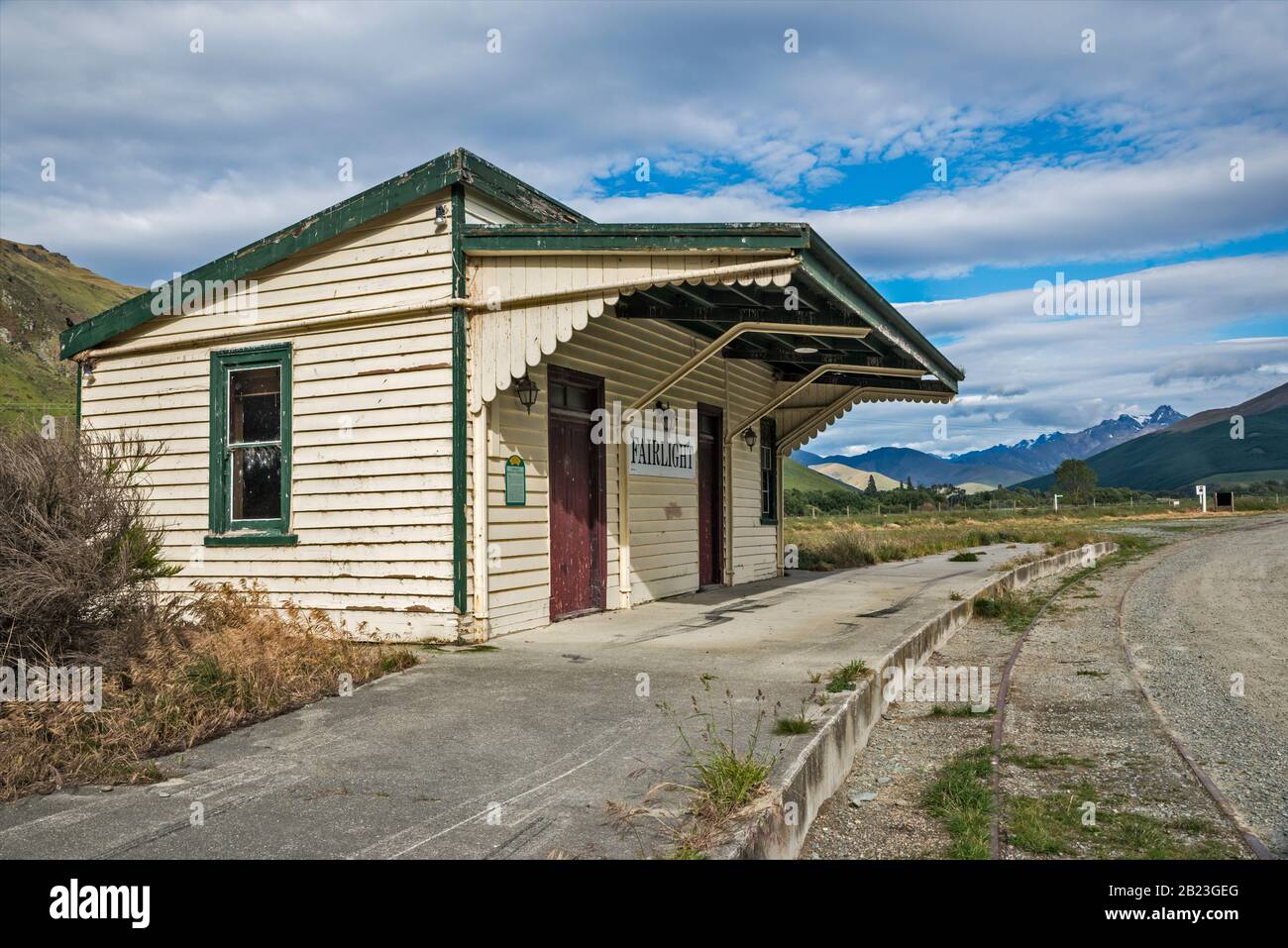 Abbandonato Fairlight Railway Terminus, il capolinea meridionale per Kingston Flyer, Southland Region, South Island, Nuova Zelanda Foto Stock