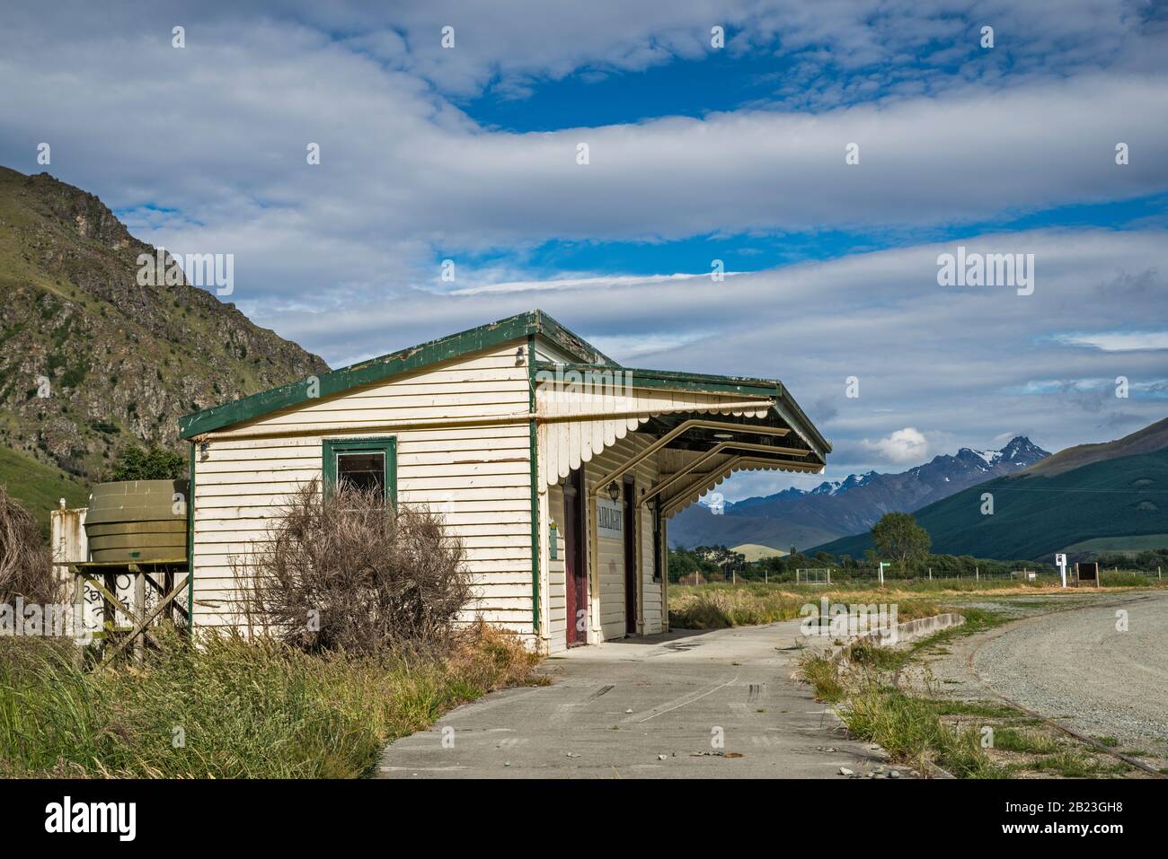 Abbandonato Fairlight Railway Terminus, il capolinea meridionale per Kingston Flyer, Southland Region, South Island, Nuova Zelanda Foto Stock