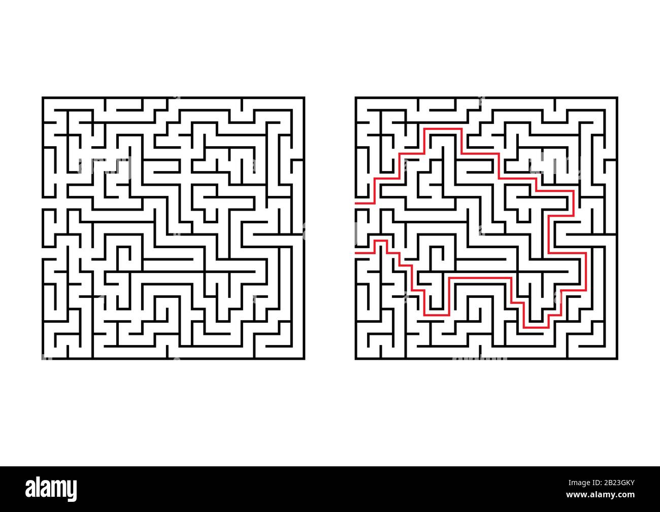 Labirinto quadrato astratto. Semplice immagine vettoriale piatta isolata su sfondo bianco. Con la risposta Illustrazione Vettoriale