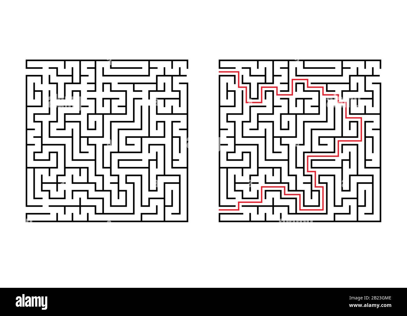 Labirinto quadrato astratto. Semplice immagine vettoriale piatta isolata su sfondo bianco. Con la risposta Illustrazione Vettoriale