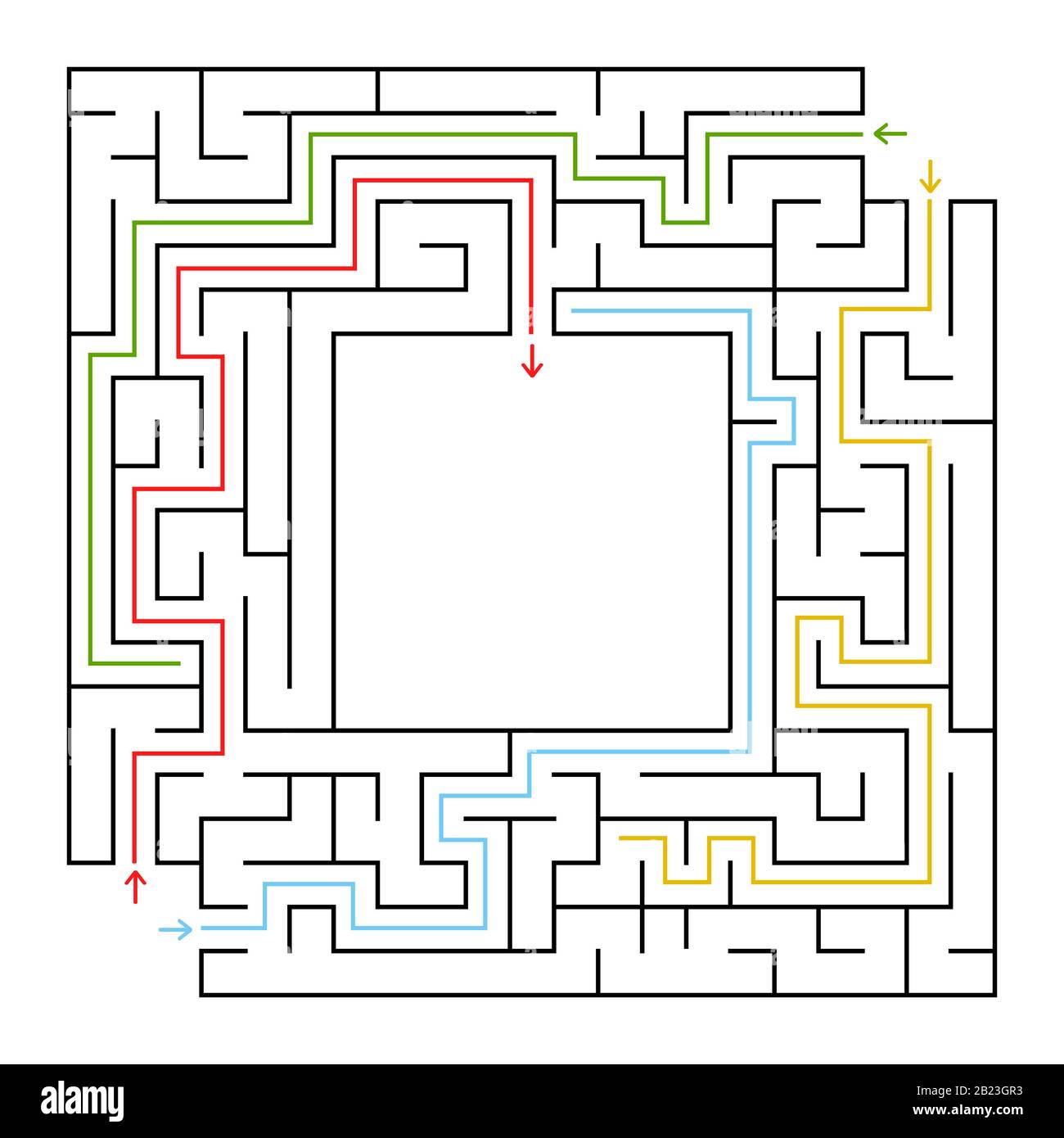 Un labirinto quadrato. Scegli il percorso giusto per entrare nel centro del labirinto. Semplice illustrazione con isolamento vettoriale piatto. Con un luogo per i disegni Illustrazione Vettoriale