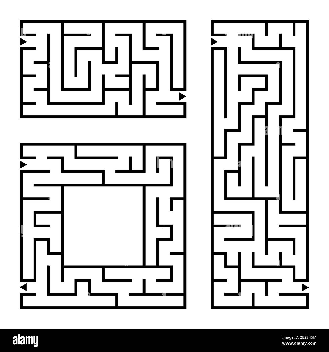 Una serie di labirinti quadrati e rettangolari con ingresso ed uscita. Semplice immagine vettoriale piatta isolata su sfondo bianco Illustrazione Vettoriale