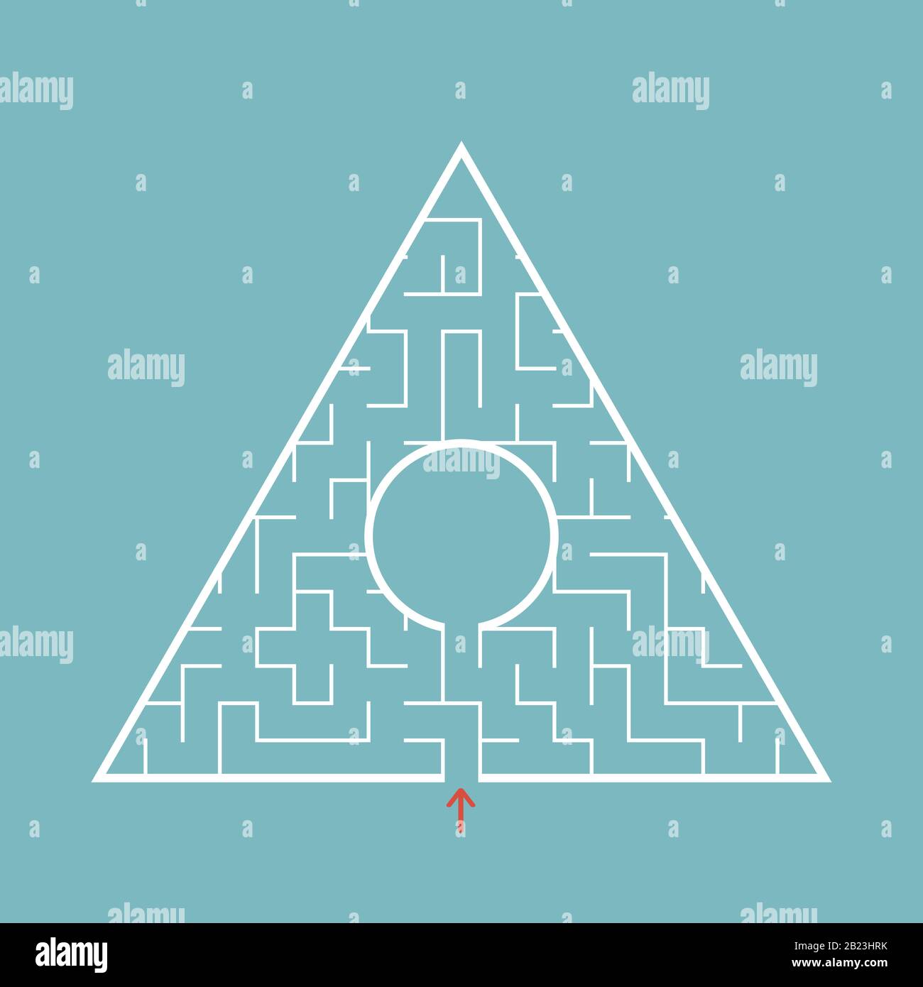 Labirinto triangolare con ingresso e uscita. Semplice illustrazione vettoriale piatta isolata su uno sfondo colorato. Illustrazione Vettoriale